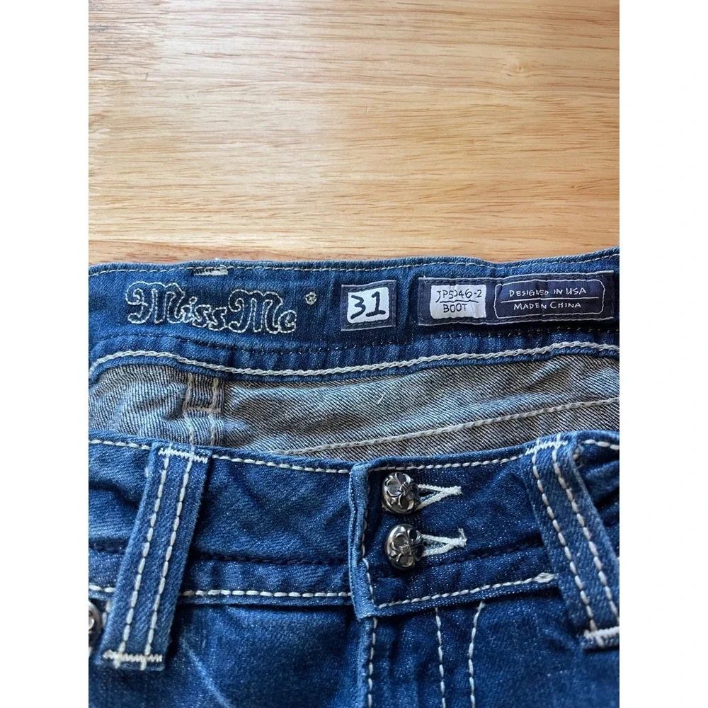 Miss Me JP5046-2 Bootcut Jeans Blue Denim Rhinestone Cross Flap Pocket Womens 31